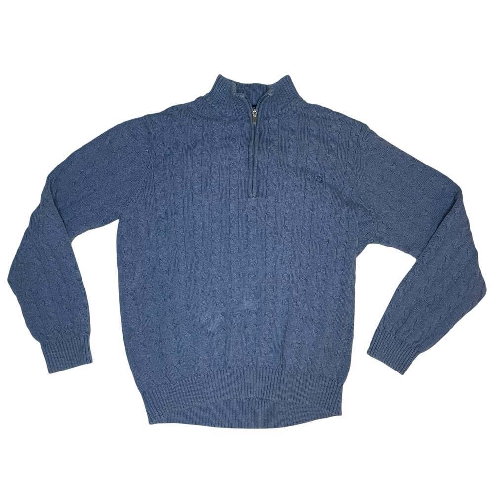 IZOD Blue Cable Knit Quarter Zip Sweater XL Cotton Pullover